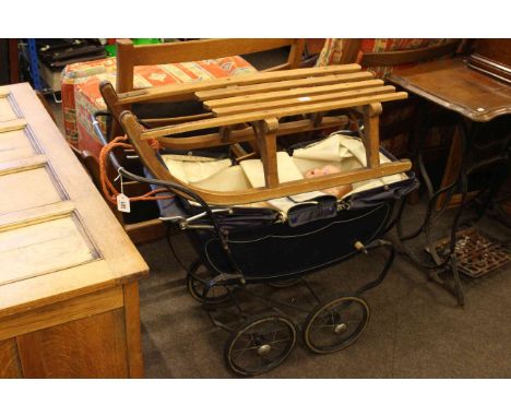 Allwin vintage dolls pram, doll and wooden sledge