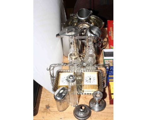 Silver plated ware including cruet, silver topped toilet jars and candlestick, etc