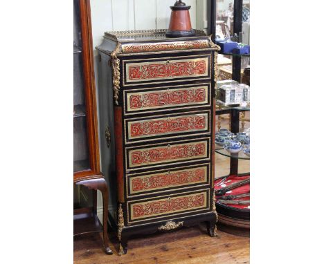 19th Century boullé secretaire abbatant having pierced brass gallery and caddy top above a fall front with three drawers belo