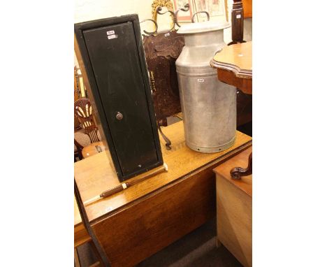 Oak drop leaf dining table, copper Arts & Crafts style firescreen, gun cabinet and keys and an aluminium milk churn (4)