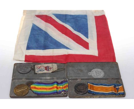 Two WWI medals, vintage tins, Union Jack, etc