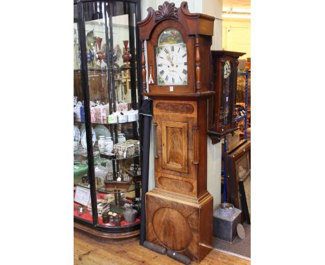 Antique mahogany eight day longcase clock having painted arched dial, signed Buxton, Bishop Auckland