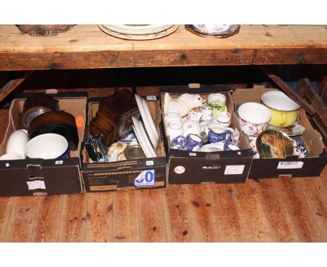 Four boxes of various china, three mantel clocks, etc