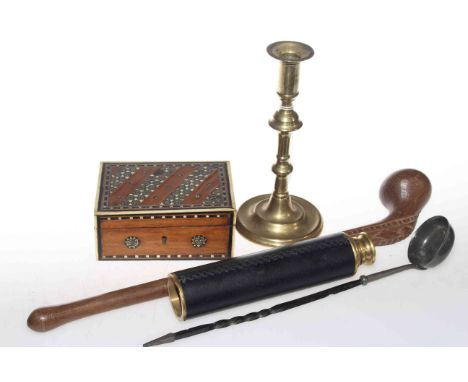 Brass candlestick, tody ladle, inlaid box, telescope and Polynesian club