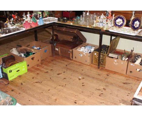 Trunk and six boxes of clocks, china, glassware, pair of Glyn Colledge vases and bowl, etc, brassware, cutlery, etc
