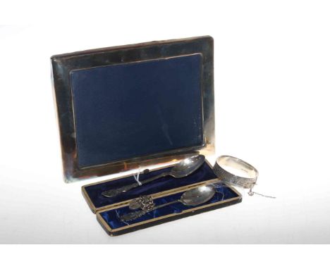 Modern silver picture frame, silver bangle, silver spoon and a plated spoon