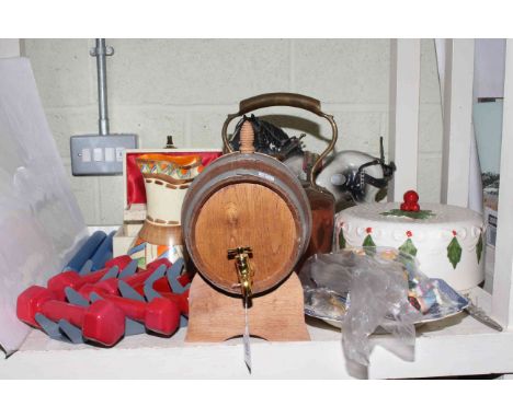 Copper kettle, spirit barrel, Myott jug, watches, costume jewellery, gym weights, etc