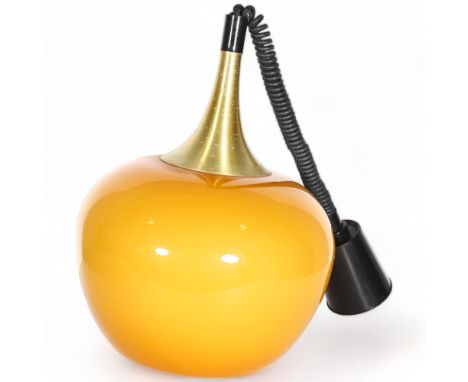 A 1960/70s' Guzzini style "rise & fall" pendant lamp, with amber glass shade and gilt metal mounts, min drop 80cm, diameter o