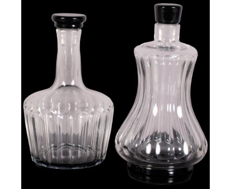 Simon Gate for Orrefors, two fluted pattern decanters with black glass foot and stopper, 1920s/30s design, marked to base OF 
