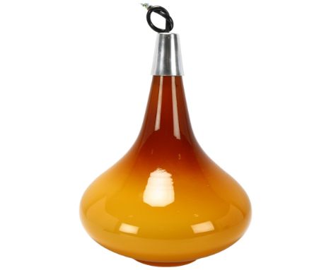 A 1970s' Scandinavian amber glass ceiling pendant lamp, with aluminum cover and original fittings, height 32cmGood condition,