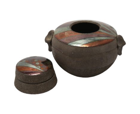 A Raku fired two handled vessel and a similar trinket box, larger piece with makers mark "W", largest diameter 16cmGood condi