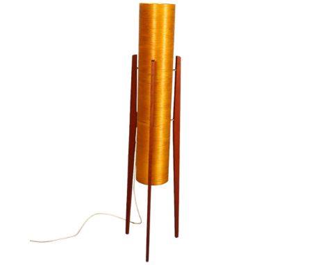 A Mid-Century teak ‘Rocket Lamp’ with amber fibre glass shade, 1960/70’s, height 113cmCracks in shade around supporting posts