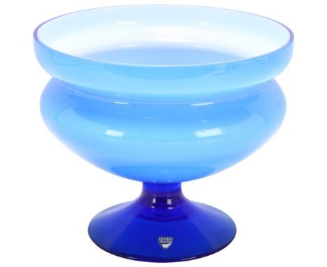 Orrefors, Sweden, a graduated blue glass stem bowl/tazza, label and etched mark to base, diameter 19.5cmGood condition, no ch
