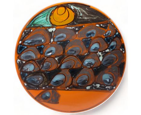 Poole Pottery, a Delphis charger painted by Carol Holden c.1966-68, makers marks to base, diameter 36cmGood condition, no chi