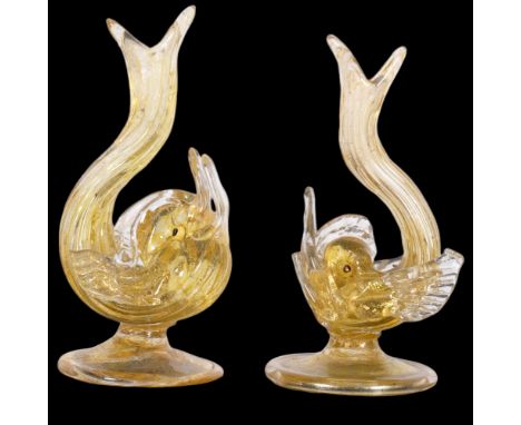 2 Murano Salviati yellow glass with gold flecks fish/dolphin design menu holders, height 10cm1 figure has been broken and rep