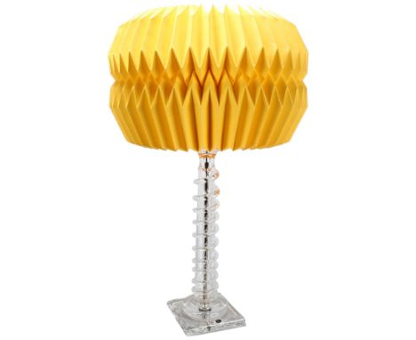 A late 20th century Italian spiral glass table lamp, with geometric paper shade, height 55cmslight fading and creases on shad