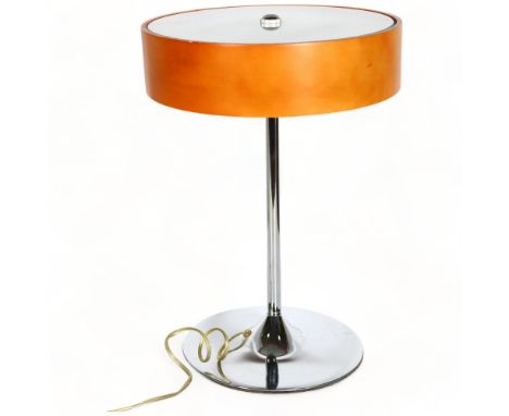 A late 20th century table lamp, beech wood and frosted glass shade on chromed base, height 45.5cmSome surface mark to beech s