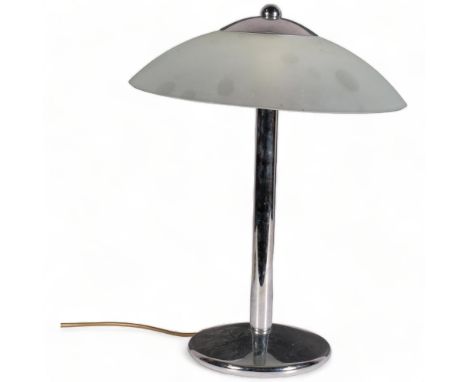 A mid 20th century UFO/ Umbrella table lamp, steel with frosted glass shade, height 46cm 