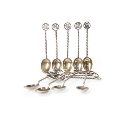 SET OF TWELVE EARLY 20TH CENTURY CHINESE SILVER TEA SPOONS, with spiral twist handles and character terminals, marked WH 90