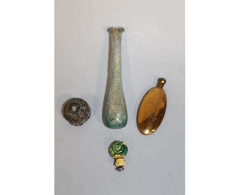 A ROMAN GLASS TEAR FLASK, gilt metal scent bottle, a small glass swirl scent and a white metal pomander Buyers - for shipping