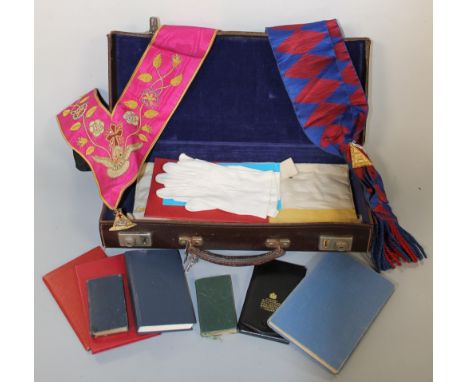 A QUANTITY OF MASONIC REGALIA AND BOOKS ETC., contained in a Masonic leather case, to include a 'Rose Croix' sash and jewel B
