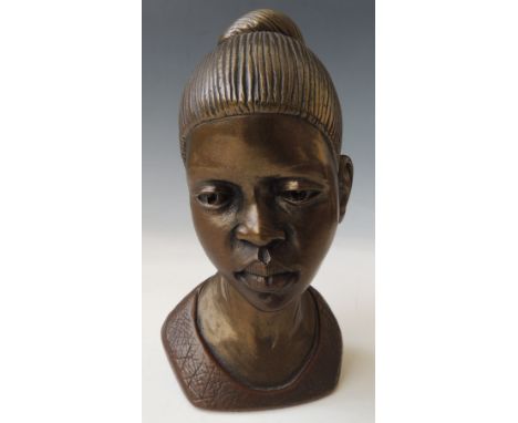 A MODERN 'CASPER DARARE' COLD CAST BRONZE RESIN SCULPTURE, titled 'Young Shona Girl' limited edition 256/300, with certificat