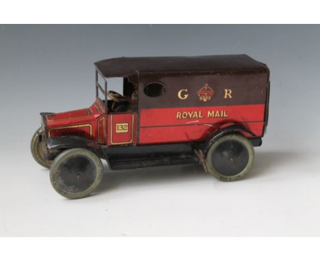 AN ENGLISH 'G R ROYAL MAIL' TIN PLATE CLOCKWORK POSTAL VAN, the wheels marked 'Dunlop Cord', L 25 cm with key  A/F Buyers - f