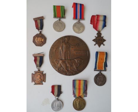 A WWI CASUALTY TRIO AND MEMORIAL PLAQUE, 1914/15 star named '8062 Cpl T. Salt S. Staffs R', BWM and Victory medal named as ac