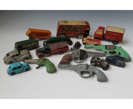 A TRAY OF TIN PLATE AND PLASTIC CLOCKWORK TOYS, by Timpo, Triang Minic and Chad Valley etc., to include diecast metal toy pis