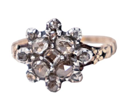 antiker Ring mit Diamantrosen GG 14k, Silber und Gold gebödet, Diamantrosen in Sternform angeordnet von zus. ca. 0,80 ct, Grö