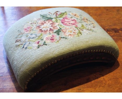 A Victorian arched foot stool, tapestry top, 35cm wide, c.1860