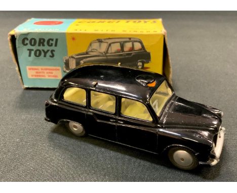 Corgi 481 Austin ?Taxi? - black body, lemon interior, silver trim, flat spun hubs, blue and yellow carded picture box