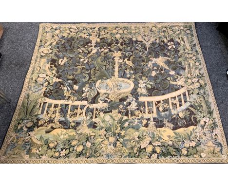 A tapestry wall hanging panel, applied with a fountain, woodland and mythical creatures, 136cm x 152cm 
