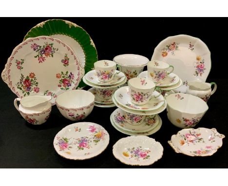 A Royal Crown Derby Posie pattern tea set for six, painted green borders, year cypher for 1934; a Posie pattern flared cylind