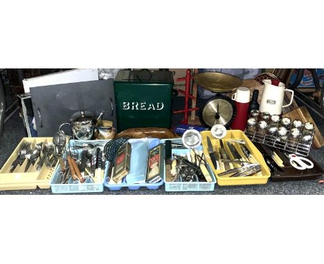 Kitchenalia including a Salter Family Scale No.45; a green enamel bread bin; an olive wood serving bowl; flatware , Sheffield