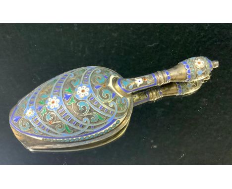 ****Please note amended description****A Russian silver gilt and cloisonne sugar shovel,&nbsp; in traditional colours within 