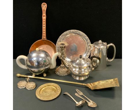 Metal Ware - a Garrards silver plated teapot;  ornate floral cast Sheffield plate candlestick;  copper pan, etc qty 