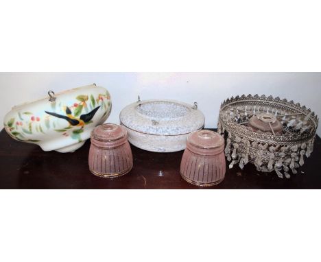 Lighting  a two tier gilt metal and pendant ceiling shade, 31cm diam;  a 1930's opaque and painted glass ceiling dome;  anoth