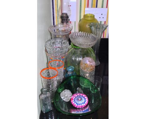 An English Millieflori paperweight; an early 20th century celery vase; a glass oil lamp; etc