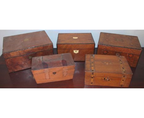 A Victorian walnut and tunbridge banded work box, 27cm wide, c.1870; another, smaller, 24cm wide, c.1870; a Victorian walnut 