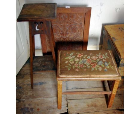 An early 20th century torchere; an early 20th century fire screen; a stool, tapestry top (3)