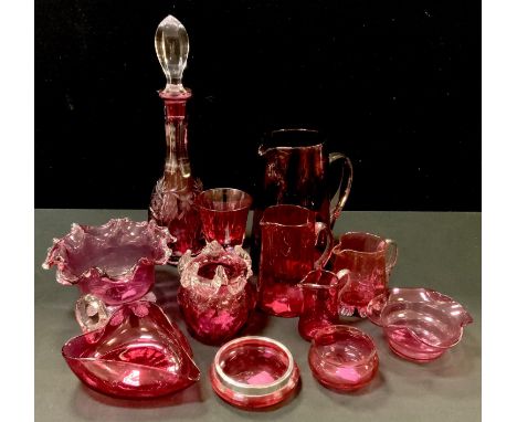 A silver mounted cranberry glass trinket dish, Henry Perkins &amp; Sons, London, 1915; a Bohemian cut cranberry glass decante