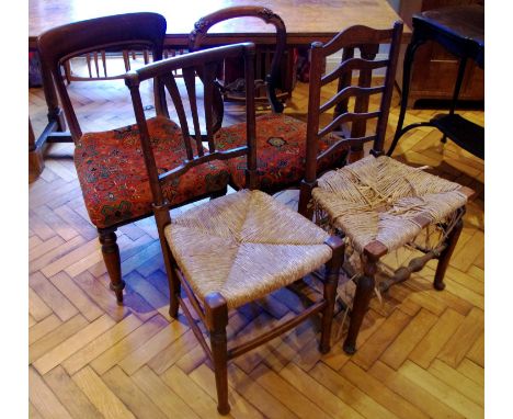 A Victorian balloon back dining chair;  another William IV;  a rush seated ladder back chair;  etc (4) 