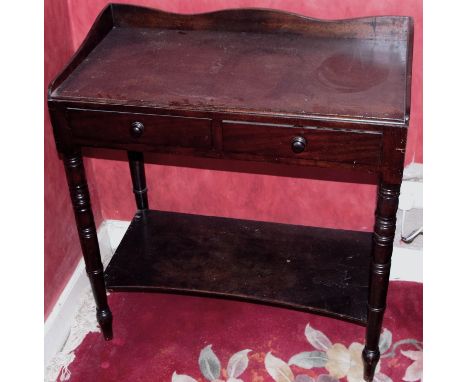 A 19th century mahogany side table, three quarter gallery, two drawers, tuned legs, shelf stretcher, 83cm high, 76cm wide, 41