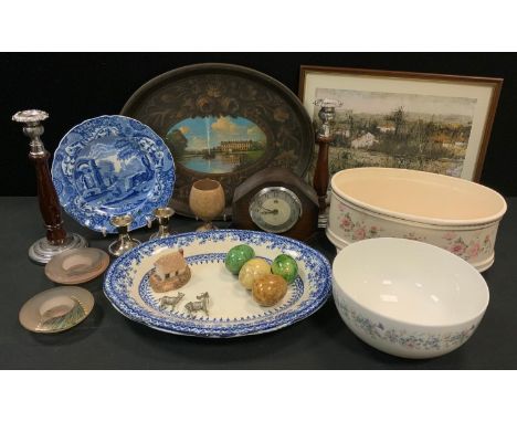 A Chatsworth tea tray decorated with the fountain and the house; a small Smiths mantel clock; decorative 19th century and lat
