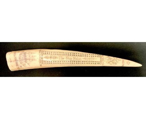 A reproduction resin scrimshaw tusk cribbage board, The Ship Nolan, 39cm long 