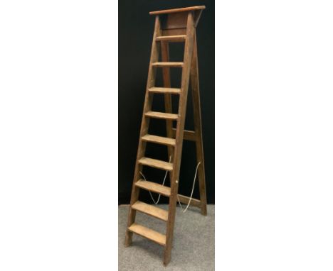 A set of vintage ten step folding wooden ladders, 206cm high 