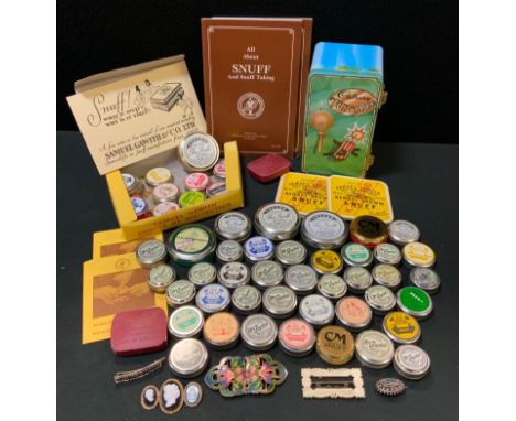 Advertising - a collection of snuff tins; a Cadbury funbank tin; a gilt metal and enamel Art Nouveau style buckle etc 