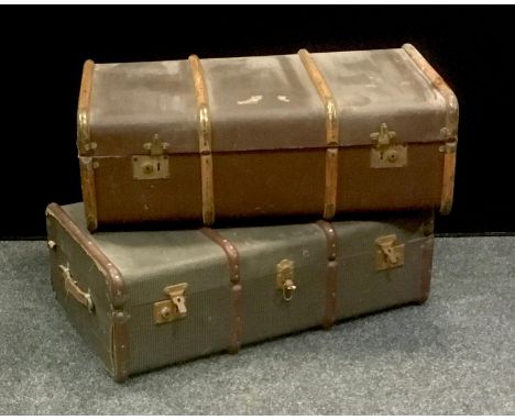 A vintage rectangular wooden bound traveling trunk, 92cm x 52c, x 32cm another (2) 