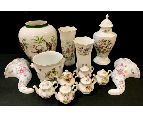 A pair of Royal Worcester cornucopia wall vases, for Compton and Woodhouse; an Aynsley Pembroke pattern vase and cover; other